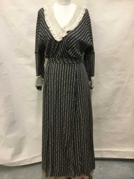 MTO, Black, Ivory White, Cotton, Stripes, Diamonds, Made To Order, 3 Ivory Stripes with Diamonds Weave, Hook & Bars Center Front, Ivory Lace Shawl Collar, Ivory Lace Cuffs, Long Sleeves, 3 Pleats Waistband, Light Weight Cotton, Snaps on Cuffs