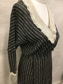 MTO, Black, Ivory White, Cotton, Stripes, Diamonds, Made To Order, 3 Ivory Stripes with Diamonds Weave, Hook & Bars Center Front, Ivory Lace Shawl Collar, Ivory Lace Cuffs, Long Sleeves, 3 Pleats Waistband, Light Weight Cotton, Snaps on Cuffs