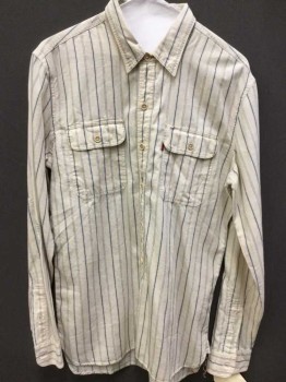 LEVI'S, Cream, Blue, Cotton, Stripes - Vertical , Button Front, Collar Attached, 2 Button Tab Collar, 2 Flap Pocket,