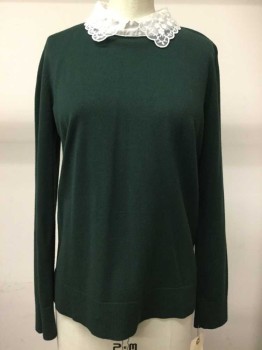 Womens, Pullover, CABLE & GAGE, Forest Green, White, Rayon, Polyester, Solid, M, Long Sleeves, Lace Collar With Scallop Edges