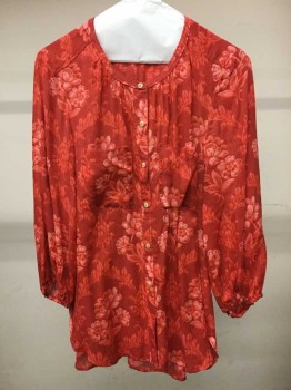 Anthropology, Red, Salmon Pink, Pink, Viscose, Floral, Sheer, 2 Pockets, Round Neck,  3/4 Sleeve, Elastic Cuffs, Double