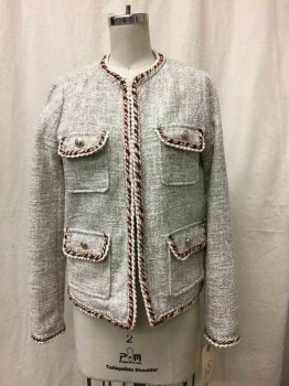 Womens, Blazer, ZARA, Beige, White, Cranberry Red, Gold, Polyester, Solid, Xs, Cream And Beige Tweed, Round Neck, Hook & Eye Closure, 4 Pockets, Patch And Flap With Gold Buttons, Braided Trim Applique,