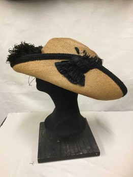 NL, Tan Brown, Black, Straw, Feathers, Black Feathers, Pleated Black Ribbon Detail, One Side Of Bring Tacked Up To Hat, Black Passementerie Trim, Brim Ripping Apart Around Feathers,