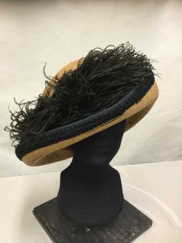 NL, Tan Brown, Black, Straw, Feathers, Black Feathers, Pleated Black Ribbon Detail, One Side Of Bring Tacked Up To Hat, Black Passementerie Trim, Brim Ripping Apart Around Feathers,