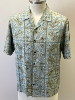 AXIS, Sage Green, Olive Green, Cream, Silk, Geometric, Paisley/Swirls, Camp Collar Attached, B.F., S/S, Side Slits