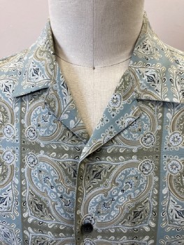 AXIS, Sage Green, Olive Green, Cream, Silk, Geometric, Paisley/Swirls, Camp Collar Attached, B.F., S/S, Side Slits