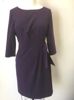 Womens, Dress, Long & 3/4 Sleeve, TAHARI, Dk Purple, Polyester, Rayon, Solid, 12, 3/4 Sleeves, Wide Scoop Neck, Diagonal Pleats at Side Waist, Self Belt Ties Attached at Waist, Hem Below Knee, Invisible Zipper at Center Back