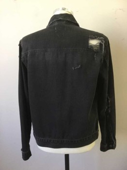 Mens, Casual Jacket, TOP SHOP, Black, Cotton, M, Classic Cut Denim Jacket., Stonewashed with Holes All Over