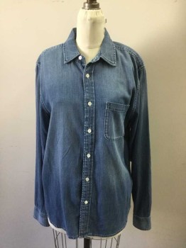 Womens, Blouse, FRAME, Denim Blue, Cotton, Tencel, Solid, M, Long Sleeves, Button Front, Collar Attached, 1 Pocket
