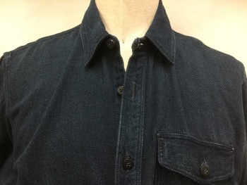 RR, Navy Blue, Wool, Cotton, Stripes - Diagonal , Collar Attached, Button Front, Long Sleeves, 1 Pocket W/flap