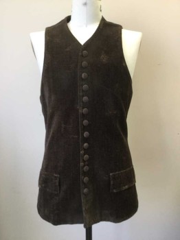 MTO, Dk Brown, Cotton, Synthetic, Solid, Mens Historical Aged Chenille Vest. Thread Bare in Areas. 14 Buttons( 1 Missing) at Center Front, V Neck. 2 Faux Pocket Flaps at Front. Adjustable Waist at Center Back, with Leather Lacing. Satin Lined. Slit Center Back