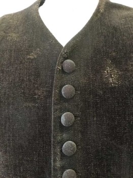 Mens, Historical Fiction Vest, MTO, Dk Brown, Cotton, Synthetic, Solid, Ch42, Mens Historical Aged Chenille Vest. Thread Bare in Areas. 14 Buttons( 1 Missing) at Center Front, V Neck. 2 Faux Pocket Flaps at Front. Adjustable Waist at Center Back, with Leather Lacing. Satin Lined. Slit Center Back