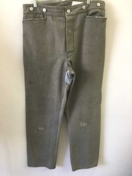 Mens, Historical Fiction Pants, WAH MAKER, Brown, Beige, Cotton, Stripes - Pin, Ins:32, W:35, Dusty Brown with Beige Dashed Pinstripes, Twill/Canvas, Button Fly, Metal Suspender Buttons at Outside Waist with "WAH MAKER" Embossed Logo, 4 Pockets (Including 1 Watch Pocket and 1 Welt Pocket in Back), Belted Back, Reproduction "Old West" Wear **Several Patches and Holes, Particularly Near Crotch/Bum Area and Knees, Dirty/Aged Throughout