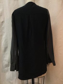 VINCE, Charcoal Gray, Black, Silk, Color Blocking, Gray, Button Front, Black Back & Collar Band, Long Sleeves,