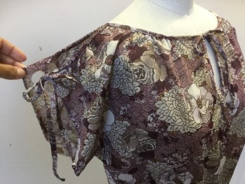 N/L, Ecru, Mauve Pink, Brown, Lt Blue, Orange, Polyester, Floral, Sheers, Round Neck, Key Hole Front Center with Thin Neck Tie, Open Shoulder with Self Thin Tie Cap Sleeves, Elastic Gathered Thin Waist Band, 3/4 Length