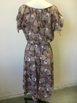 N/L, Ecru, Mauve Pink, Brown, Lt Blue, Orange, Polyester, Floral, Sheers, Round Neck, Key Hole Front Center with Thin Neck Tie, Open Shoulder with Self Thin Tie Cap Sleeves, Elastic Gathered Thin Waist Band, 3/4 Length