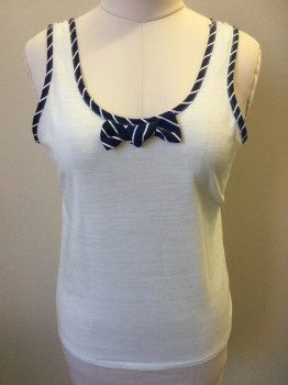 Womens, Top, N/L, Off White, Navy Blue, Cotton, Polyester, Solid, Stripes - Diagonal , L, Off White, Navy with Off White Diagonal Stripes Trim Large Round Neck,  Self Bow, & Arm Holes, 2" Straps