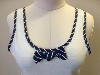 N/L, Off White, Navy Blue, Cotton, Polyester, Solid, Stripes - Diagonal , Off White, Navy with Off White Diagonal Stripes Trim Large Round Neck,  Self Bow, & Arm Holes, 2" Straps