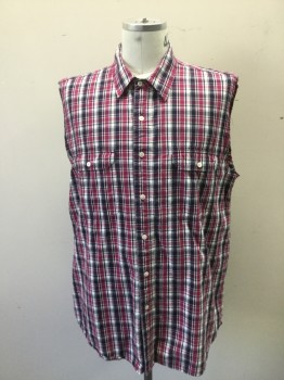 Mens, Casual Shirt, CLUB ROOM, Magenta Purple, Navy Blue, White, Cotton, Plaid, XXL, Sleeveless Shirt, Button Front, Collar Attached, 2 Button Down Pockets