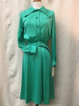 MTO, Emerald Green, Polyester, Solid, Shirtwaist, Button Front with Extra Snaps in Between, Exaggerated Collar Attached, MATCHING COVERED BELT, Below Knee, Belt Loops, Long Sleeves with Button Cuffs