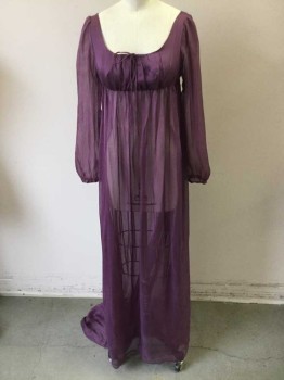 Womens, Historical Fiction Dress, MTO, Violet Purple, Silk, Solid, B34-36, Made To Order, Iridescent Violet Sheer Silk, Bust is Lined, Tie at Bust, Empire Waist, Long Sleeves, Hem Train,  1795-1820, Jane Austen, Neoclassical, Greco-Roman, Regency, Napoleon,