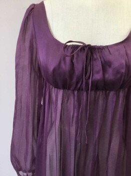 MTO, Violet Purple, Silk, Solid, Made To Order, Iridescent Violet Sheer Silk, Bust is Lined, Tie at Bust, Empire Waist, Long Sleeves, Hem Train,  1795-1820, Jane Austen, Neoclassical, Greco-Roman, Regency, Napoleon,