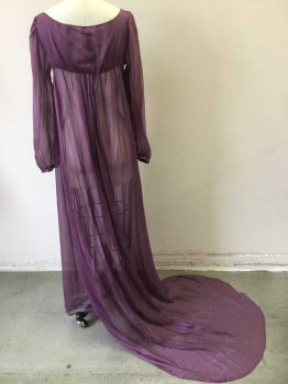 Womens, Historical Fiction Dress, MTO, Violet Purple, Silk, Solid, B34-36, Made To Order, Iridescent Violet Sheer Silk, Bust is Lined, Tie at Bust, Empire Waist, Long Sleeves, Hem Train,  1795-1820, Jane Austen, Neoclassical, Greco-Roman, Regency, Napoleon,