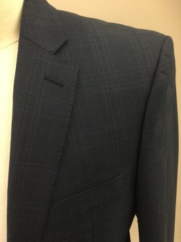 CALVIN KLEIN, Blue, Slate Blue, Wool, Plaid-  Windowpane, Single Breasted, 2 Buttons,  Notched Lapel, Handpicked Lapel