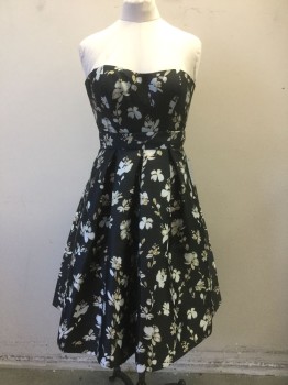 Womens, Cocktail Dress, 1901, Black, Off White, Gold, Polyester, Floral, 6, Black with Off White and Gold Glittery Floral Pattern Brocade, Strapless, Sweetheart Bust, Boning Built in to Bodice, Full Skirt with Box Pleats at Waist, Mid Calf Length, 2 Piece: with Self Fabric Sash Belt