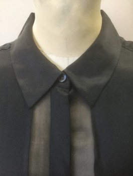 EQUIPMENT, Black, Silk, Solid, Opaque Satin with Sheer Chiffon Panels at Button Placket, Hem, and Vertically Down Center Back, Long Sleeve Button Front, Collar Attached