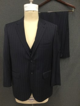 Mens, Suit, Jacket, MATTARAZI UOMO, Navy Blue, Blue, Gray, Wool, Stripes - Vertical , 44R, Single Breasted, Collar Attached, Notched Lapel, Hand Picked Collar/Lapel, 3 Pockets, 2 Buttons
