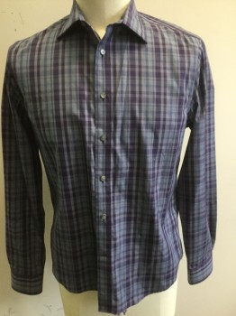 JOS A BANK, Slate Blue, Purple, Royal Blue, Gray, Cotton, Plaid, Collar Attached, Button Front, Long Sleeves,