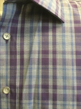 JOS A BANK, Slate Blue, Purple, Royal Blue, Gray, Cotton, Plaid, Collar Attached, Button Front, Long Sleeves,