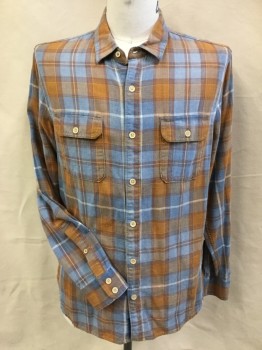 LUCKY BRAND, French Blue, Rust Orange, White, Dk Orange, Cotton, Polyester, Plaid, Collar Attached, Button Front, 2 Pockets with Flap, Long Sleeves,