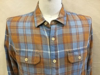 LUCKY BRAND, French Blue, Rust Orange, White, Dk Orange, Cotton, Polyester, Plaid, Collar Attached, Button Front, 2 Pockets with Flap, Long Sleeves,