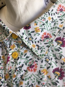 BASIC EDITIONS, White, Multi-color, Green, Magenta Purple, Goldenrod Yellow, Cotton, Polyester, Floral, White with Multicolor Flowers Pattern, 3/4 Sleeve, Button Front, Collar Attached