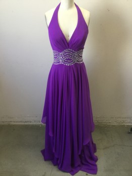 NIGHT MOVES, Purple, Polyester, Solid, Halter, Rhinestones and Beads at Waist, Center Back Zipper,