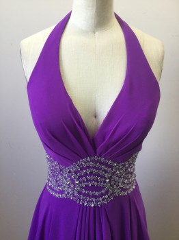 NIGHT MOVES, Purple, Polyester, Solid, Halter, Rhinestones and Beads at Waist, Center Back Zipper,