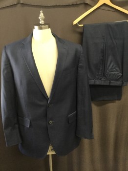 PETER MILLAR, Blue, Black, Wool, Solid, Medium Blue with Micro Black Weave, Hand Stitch on Lapel, Notched Lapel, 2 Button Front, Pocket Flap,