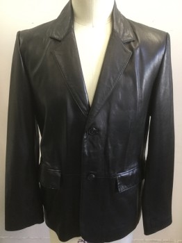 Mens, Leather Jacket, WILSONS LEATHER, Black, Leather, Solid, L, Notched Lapel, 2 Button Front, Pocket Flaps, Sport Coat Style