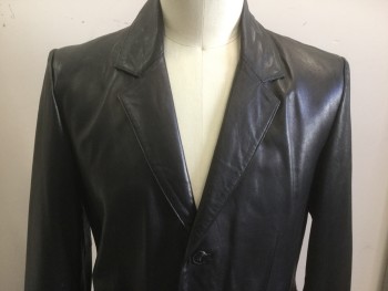 Mens, Leather Jacket, WILSONS LEATHER, Black, Leather, Solid, L, Notched Lapel, 2 Button Front, Pocket Flaps, Sport Coat Style