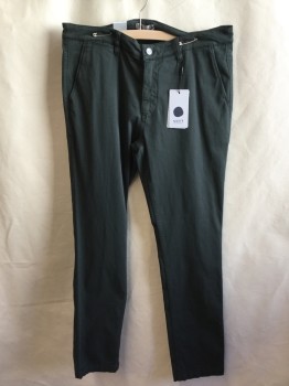 Mens, Casual Pants, NNO7, Forest Green, Cotton, Elastane, Solid, 34/32, Jean-cut, 5 Pockets, Zip Front,