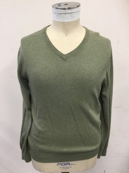 Mens, Pullover Sweater, ST. JOHNS BAY, Olive Green, Cotton, Acrylic, Heathered, L, V-neck, Long Sleeves, Ribbed Knit Neck/Waistband/Cuff (bit of Shoulder Burn)