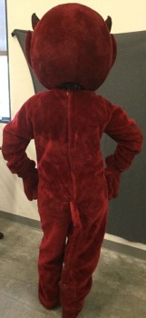 MTO, Red, Faux Fur, DEVIL:  4pc: Body, Head, Hands, Spats.  Mascot. Body:  Faux Fur, Long Sleeves, Zip Back, Curved Tail, (Dirty, Crusty and Matted)