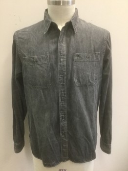 DOUBLE RL, Faded Black, Cotton, Faded Denim Look Chambray, Long Sleeve Button Front, Collar Attached, 2 Patch Pockets with Button Closure