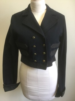 Womens, Blazer, RALPH LAUREN POLO, Black, Dk Gray, Cotton, Solid, B:38, Black Twill/Denim, Double Breasted with Gold Metal Buttons, Wide Notched Lapel, Waistband and 2 Decorative Stripes of Gray Twill at Waist, Cropped Length, No Lining