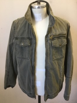 Mens, Casual Jacket, GUESS, Olive Green, Gray, Beige, Cotton, Polyester, Solid, Large, Zip Front, Removable Faux Hoodie That Zips Out, Jacket with Many Pockets, Canvas,