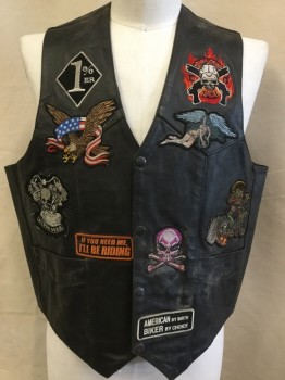 Mens, Leather Vest, JIM LEATHER INC, Black, Black, Leather, Poly/Cotton, Solid, L, (aged/distressed)  Black, Black Lining, V-neck, Black Snap Front, Skulls/eagle Patches Front, White Skull in the Back with "BREAKERS, FLA"