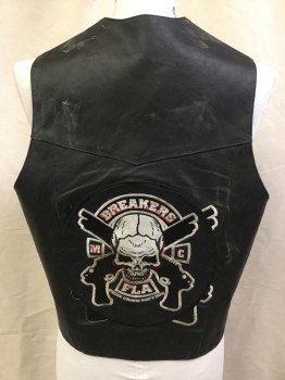 Mens, Leather Vest, JIM LEATHER INC, Black, Black, Leather, Poly/Cotton, Solid, L, (aged/distressed)  Black, Black Lining, V-neck, Black Snap Front, Skulls/eagle Patches Front, White Skull in the Back with "BREAKERS, FLA"