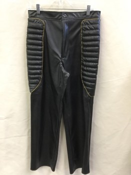 FRANK HELMER, Black, Gold, Faux Leather, Solid, 1-1/2" Waistband, Zip Front, Padded Quilt Work Panels at Upper Front & Side with Gold Trim